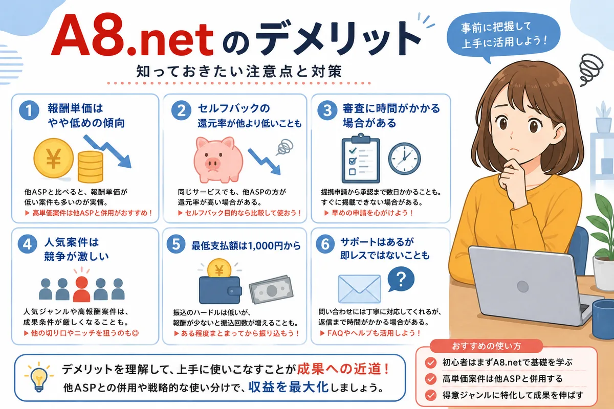 A8.netのデメリット6つ：報酬単価はやや低めの傾向、セルフバックの還元率が他より低いことも、審査に時間がかかる場合がある、人気案件は競争が激しい、最低支払額は1,000円から、サポートは即レスではないことも