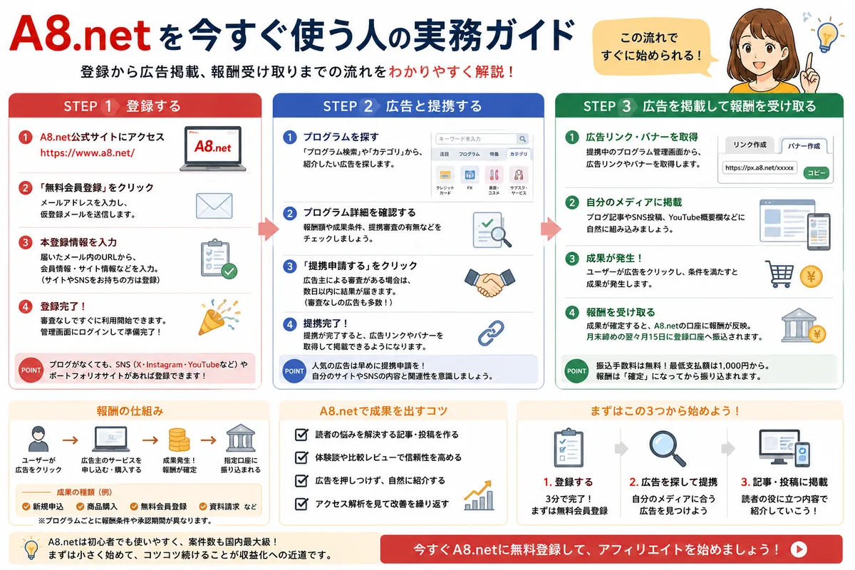 A8.netの実務ガイド：STEP1登録する、STEP2広告と提携する、STEP3広告を掲載して報酬を受け取る、の3ステップと報酬の仕組み