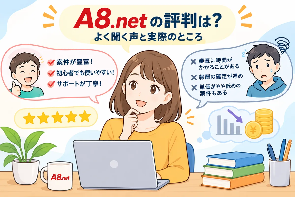 A8.netの評判：案件が豊富・初心者でも使いやすい・サポートが丁寧という声と、審査に時間がかかる・報酬の確定が遅め・単価がやや低めの案件もあるという声