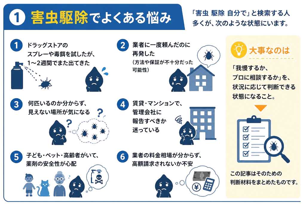 害虫駆除でよくある6つの悩み：市販品の再発、業者依頼後の再発、見えない場所への不安、賃貸での管理会社報告、子ども・ペット・高齢者への薬剤不安、業者料金相場の不明さ